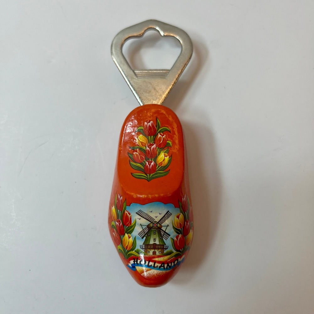 Vintage Holland Wooden Clog Shoe Bottle Opener Orange Windmill Tulip Souvenir